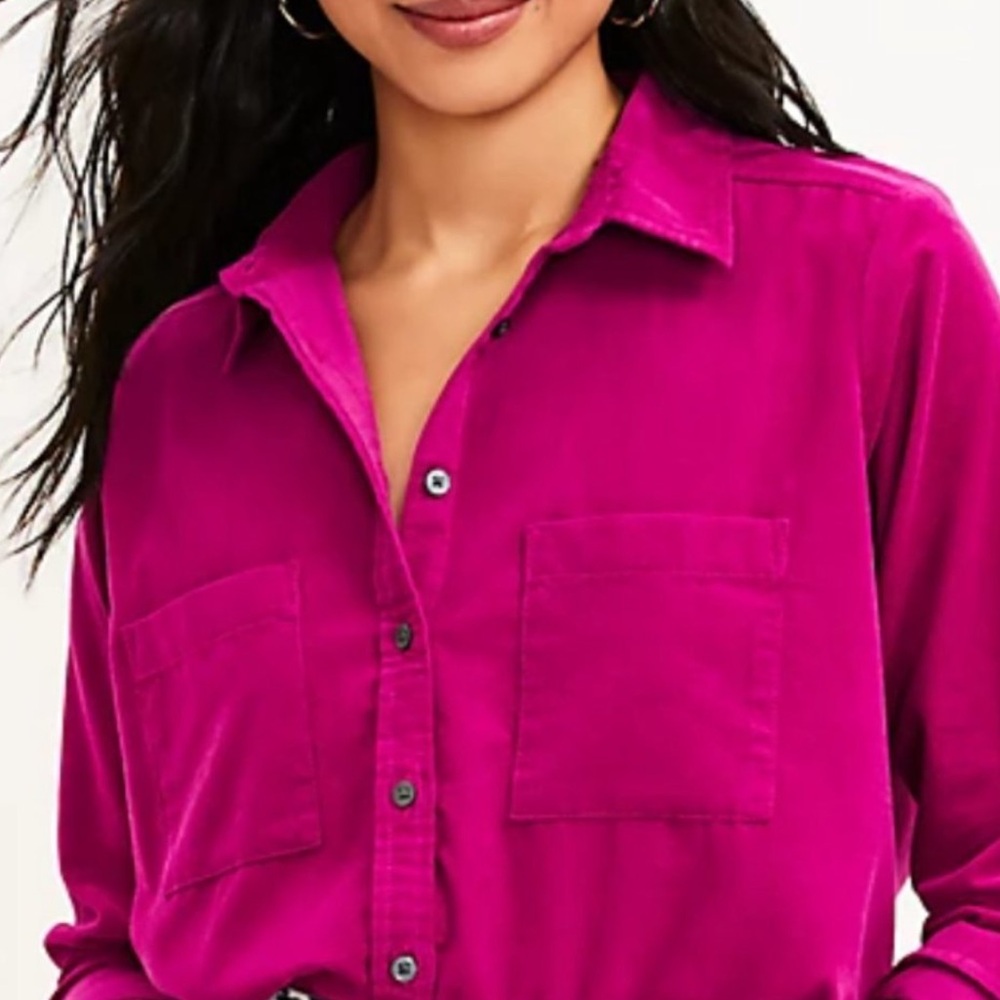NWT LOFT Corduroy Button Down Fuchsia Pink Collared Long Sleeve Shirt Size XS